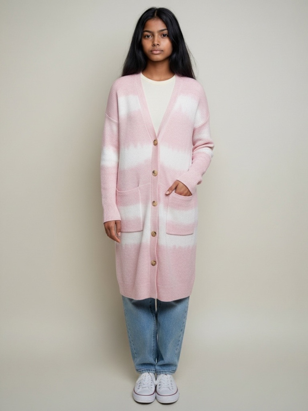 J. Jill Pink and White Striped Long Button-Front Cardigan medium